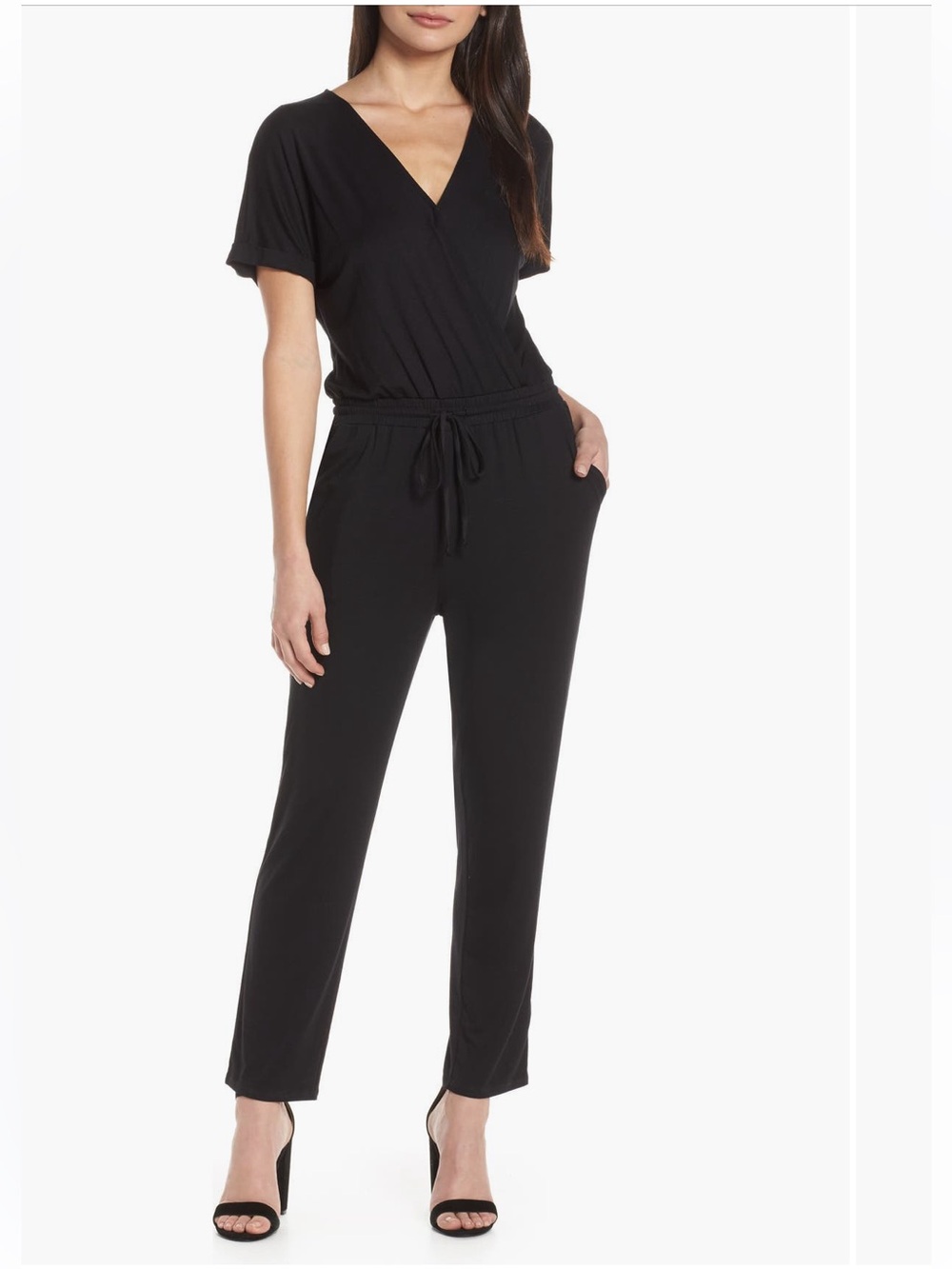 Chelsea28 Black Faux Wrap Jumpsuit In Black